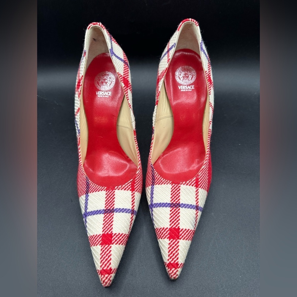 Versace Plaid Check Fabric Pointed Toe Pumps Size 37.5 Metallic Heel Italy - Picture 2 of 7